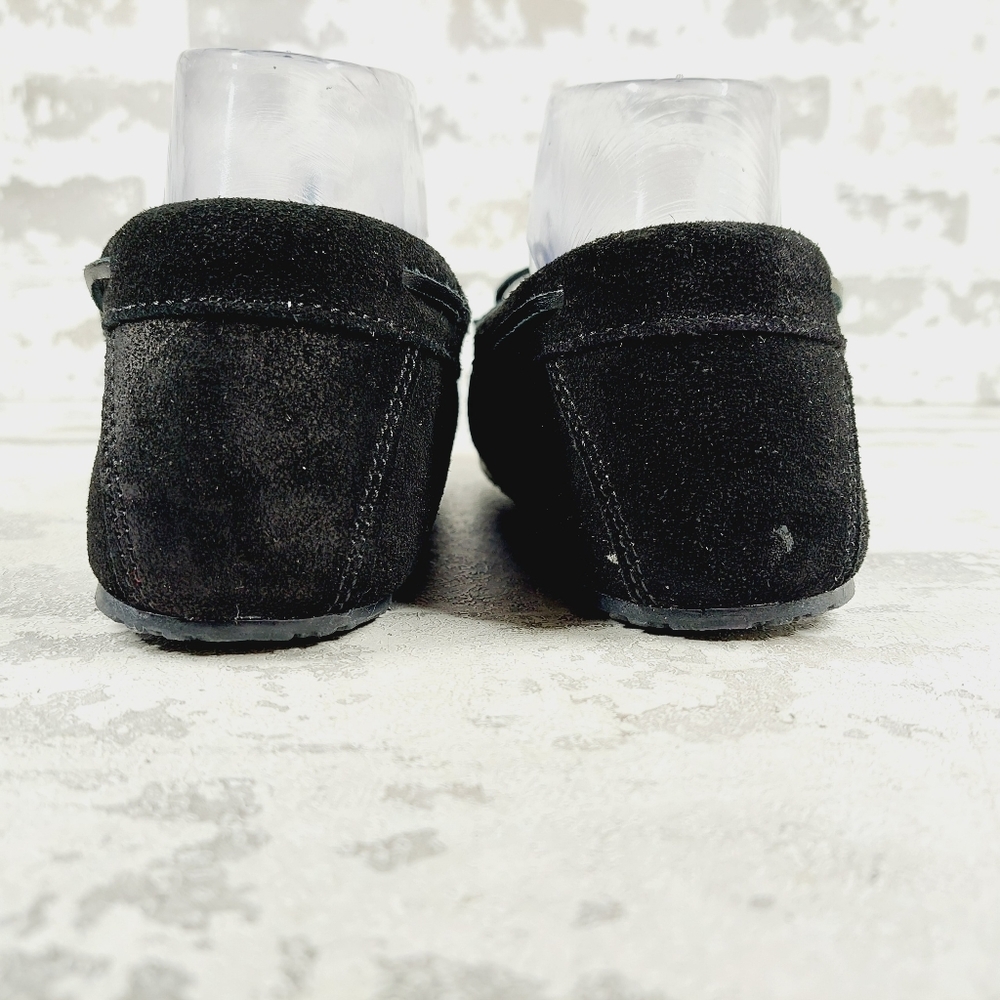New Minnetonka Black Suede Slip On Lace Top Fur Lining Casual Flat Loafers E56 - Picture 6 of 11